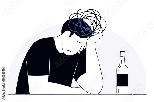 Drunk depressed man. Heavy drinking, alcoholism problem. Man with alcohol addiction, psychological problem
