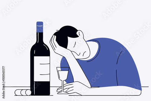 Drunk depressed man. Heavy drinking, alcoholism problem. Man with alcohol addiction, psychological problem