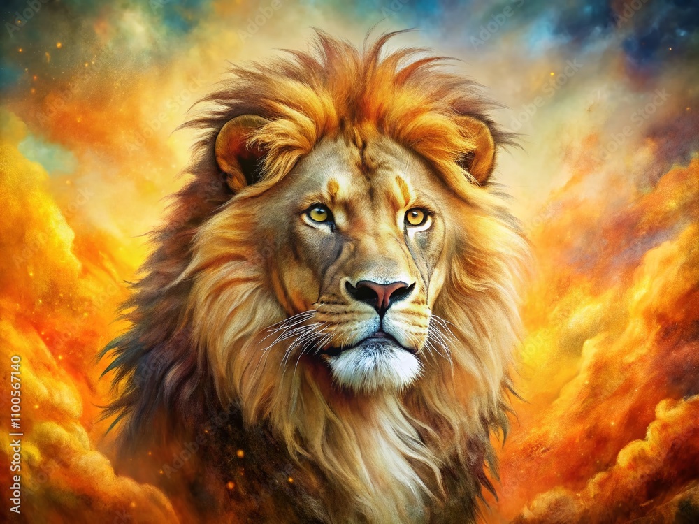 Aerial View of a Vibrant Lion Against a Warm Background, Capturing Majestic Features and Colorful Textures in an Artistic Representation of Wildlife Beauty Aerial View of a Vibrant Lion Against a Warm Background, Capturing Majestic Features and Colorful Textures in an Artistic Representation of Wildlife Beauty