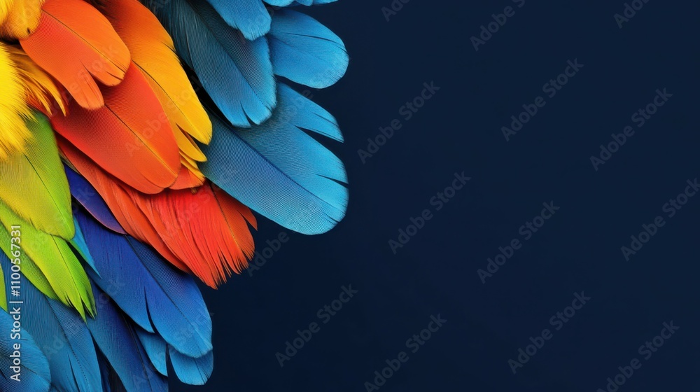 Obraz premium Blue background with colored feathers of vibrant parrot.