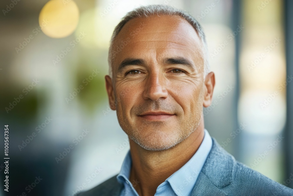Naklejka premium Headshot close up portrait of America or Europe confident mature good looking middle age leader, ceo male businessman on blur office background. Handsome hispanic senior business man smiling at camera