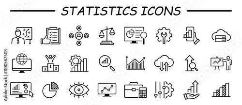 Statistics line icon set. Containing data, web statistics, survey, prediction, presentation, cloud analysis and pie chart icons.