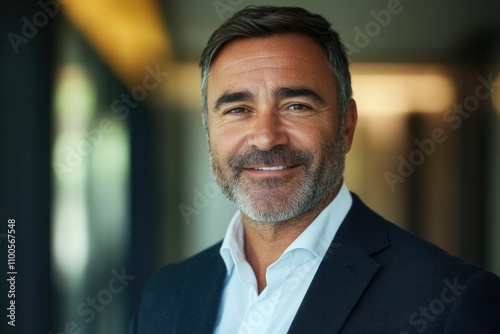 Headshot close up portrait of America or Europe confident mature good looking middle age leader, ceo male businessman on blur office background. Handsome hispanic senior business man smiling at camera