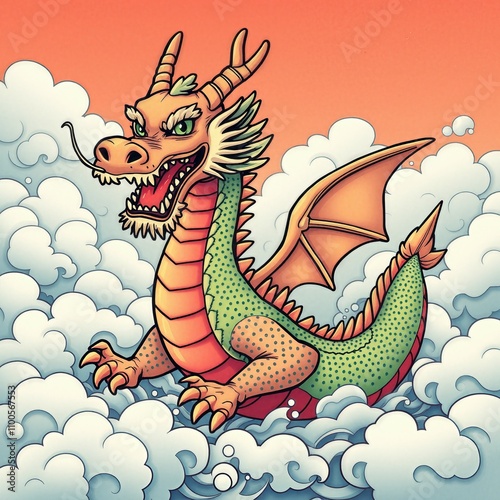 Playful dragon with wings soaring above fluffy clouds in a vibrant orange sky
