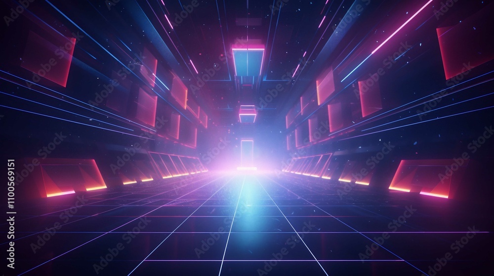 Obraz premium Bright Digital Space Tunnel with Fractal Patterns and Motion Effect Background