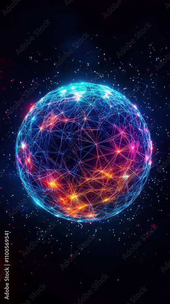 Fototapeta premium A colorful 3D wireframe sphere rotating slowly against a dark background, showcasing vibrant hues and intricate geometric patterns that create a mesmerizing visual effect.