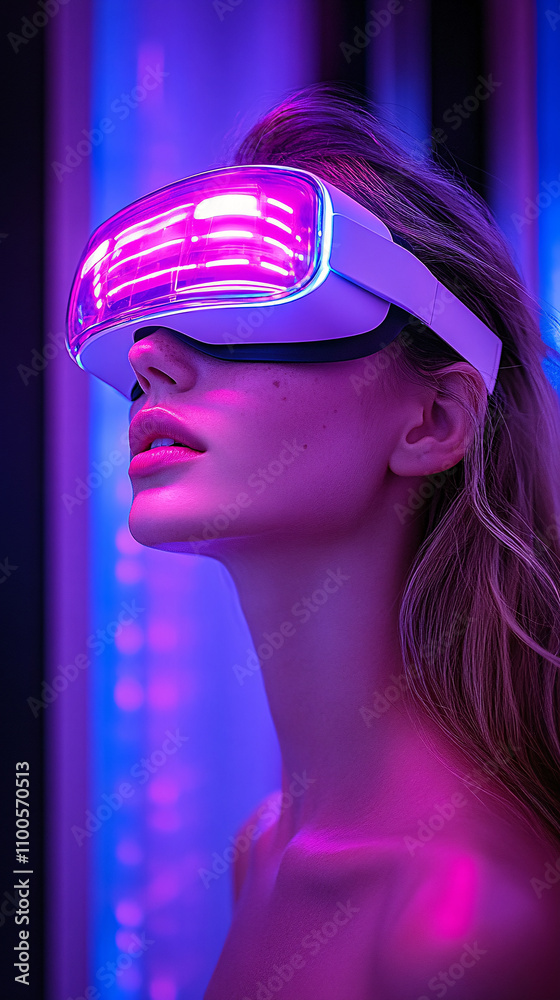 Fototapeta premium A woman wearing a virtual reality headset with purple lights