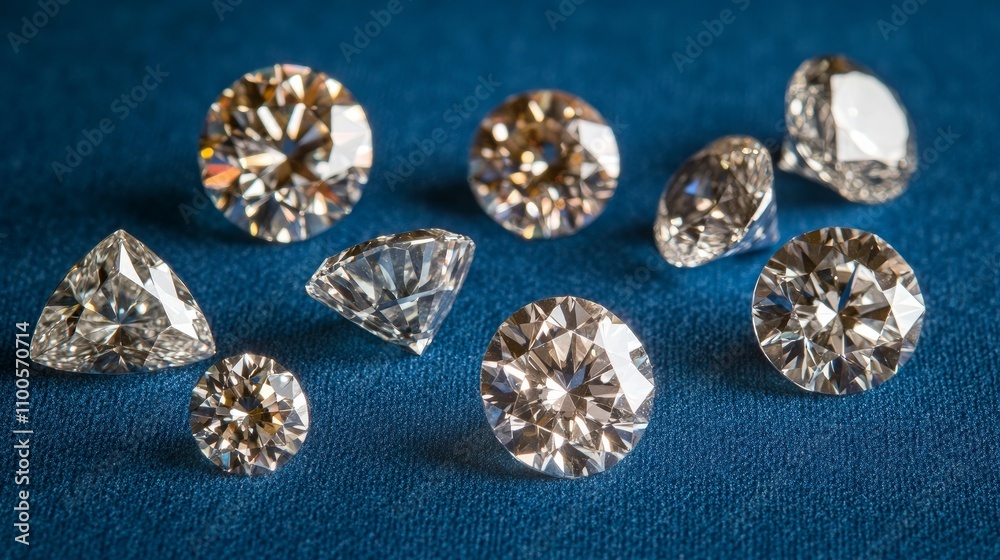 close-up of diamonds on a blue background, varying in size and cut. close-up of diamonds on a blue background, varying in size and cut.