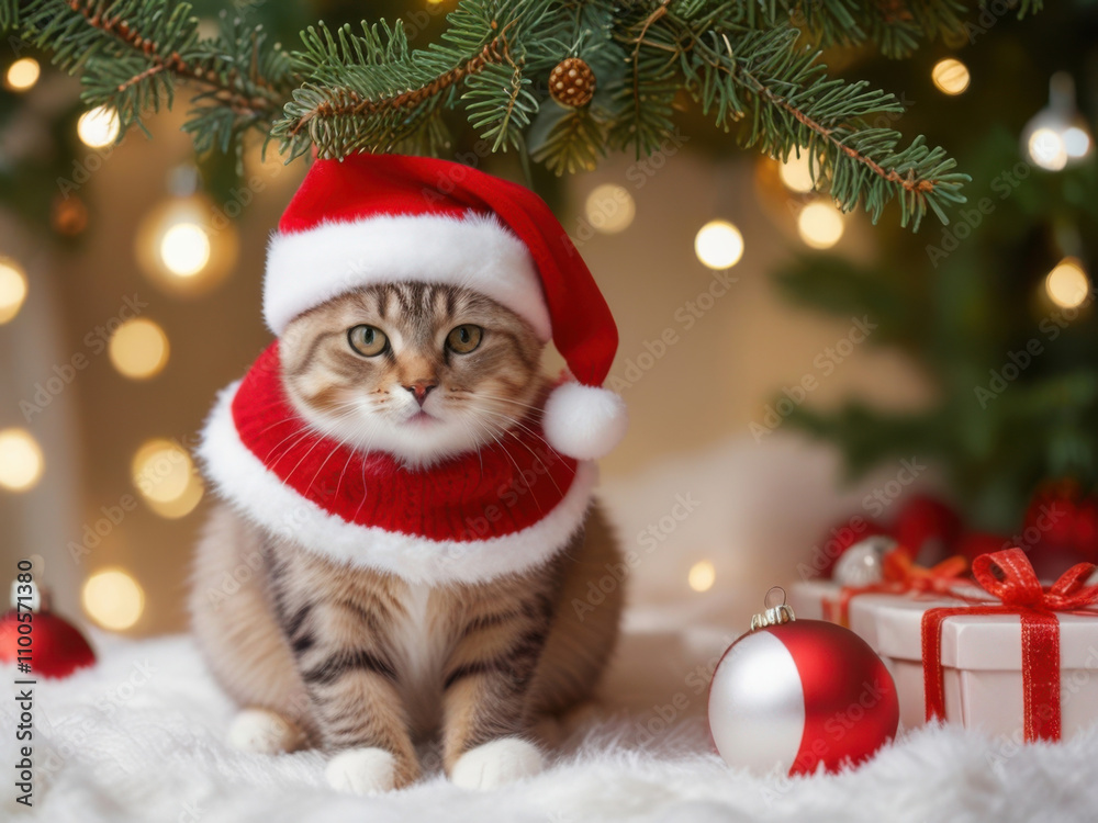 Funny cat in a red hat under the decorated Christmas tree. Funny cat in a red hat under the decorated Christmas tree.
