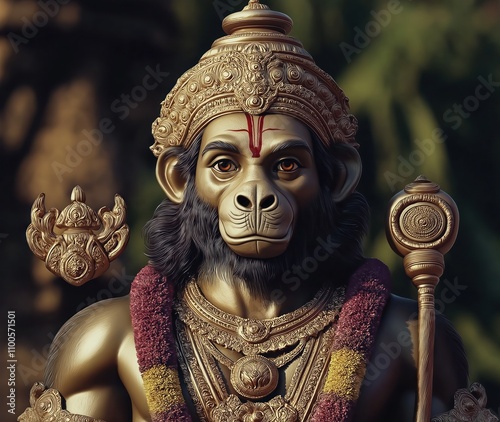 Lord Hanuman statue. Divine monkey god from Hindu mythology. Gold color idol. Details show intricate design, religious significance. Powerful, strong character. Suitable for temple decor religious photo