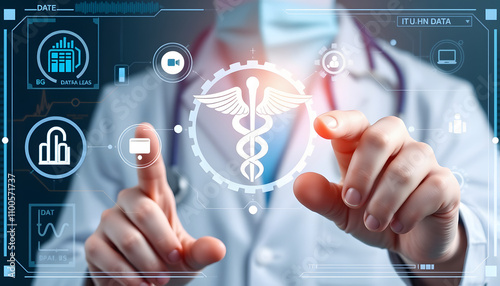 Modern medicine concept - IT, DATA, IoT, BIG DATA, Computing, Robot, 3D PRINTING integration in health care. Doctor touched caduceus gears icon on virtual medical screen isolated with white highligh photo