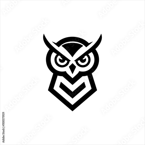 Minimalistic Black and White Owl Logo with Fierce Expression and Chevron Design"