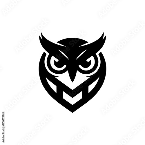 Minimalistic Black and White Owl Logo with Fierce Expression and Chevron Design"