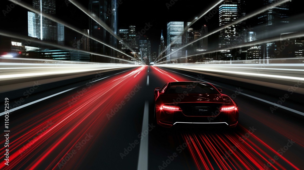 Fototapeta premium Urban Night Traffic Lights on a Fast Highway with Motion Blur Vehicle Scene