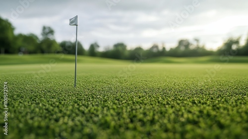 A golf course's hole with flagstick and freshly mowed green, outdoor setting with overcast skies, Calm style