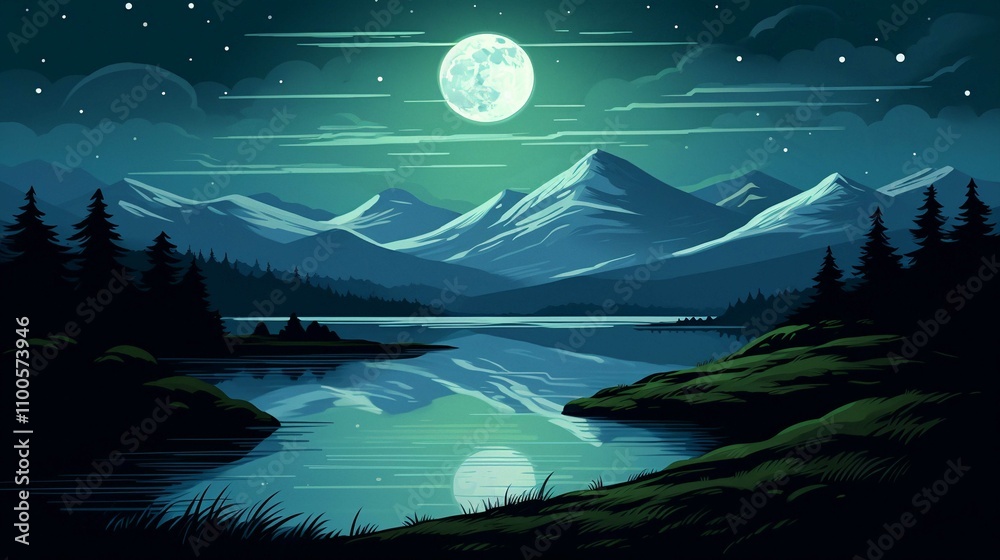 Obraz premium Enchanting Night Landscape of Blue Ocean Under Moonlight and Stars