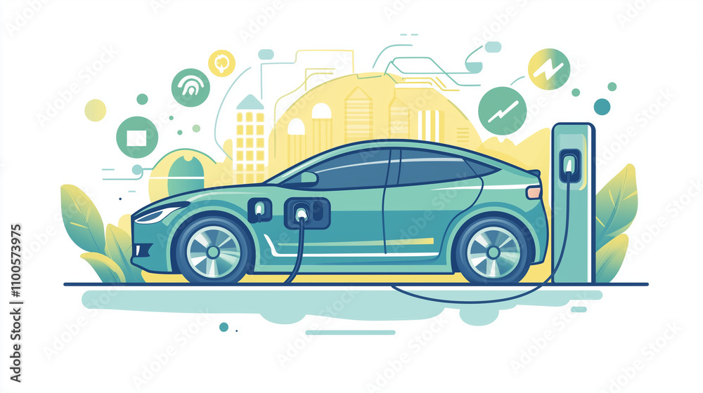 Naklejka premium An electric vehicle (EV) charging at a station, symbolizing sustainable transportation, ESG goals, and clean energy initiatives in urban environments