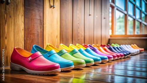 Aesthetic Display of Nursing Shoes in a Row Showcasing Comfort and Support in a Brightly Lit Modern Space with a Focus on Footwear for Healthcare Professionals photo