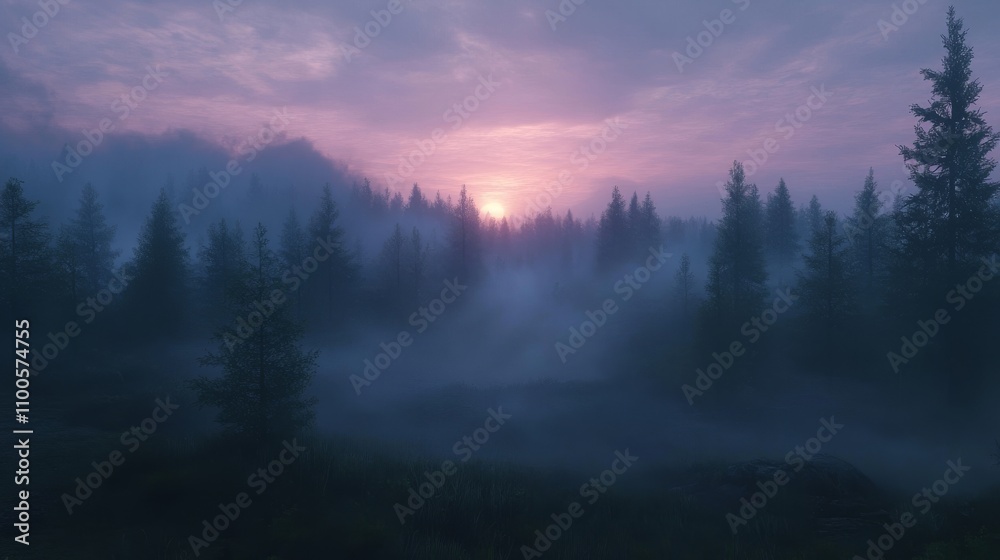Fototapeta premium Misty Forest Sunset With Silhouetted Trees
