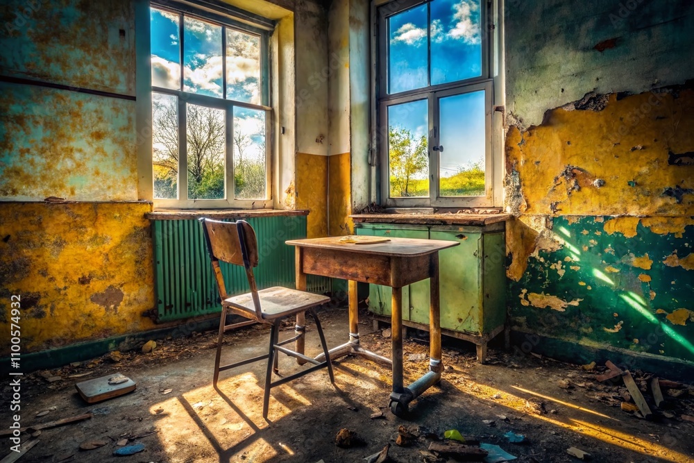 Obraz premium A Grungy Student Desk and Chair in a Classroom: Capturing the Essence of Neglect and Abandonment in an Educational Setting with a Focus on Wear and Tear