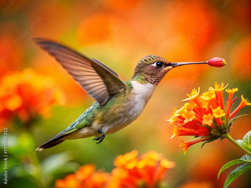 Fototapeta premium A Hummingbird in Flight Feeding on a Vibrant Orange Flower with Delightful Tilt-Shift Effect Capturing Nature's Beauty and Intricacies in a Miniature World