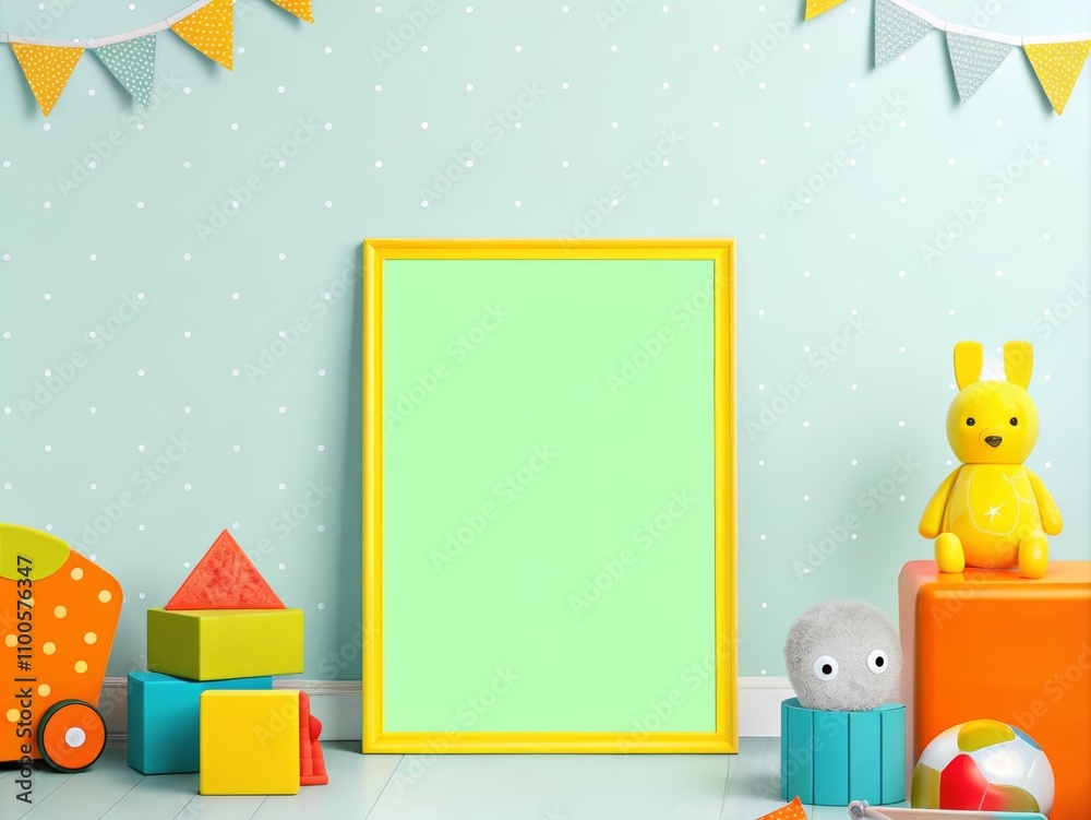 Fototapeta premium Modern nursery with a white crib, pastel decor, starry wallpaper, and a blank poster for mockup
