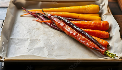 Ready to bake rainbow carrots on a parchment lined baking sheet isolated highlighted by white, png photo