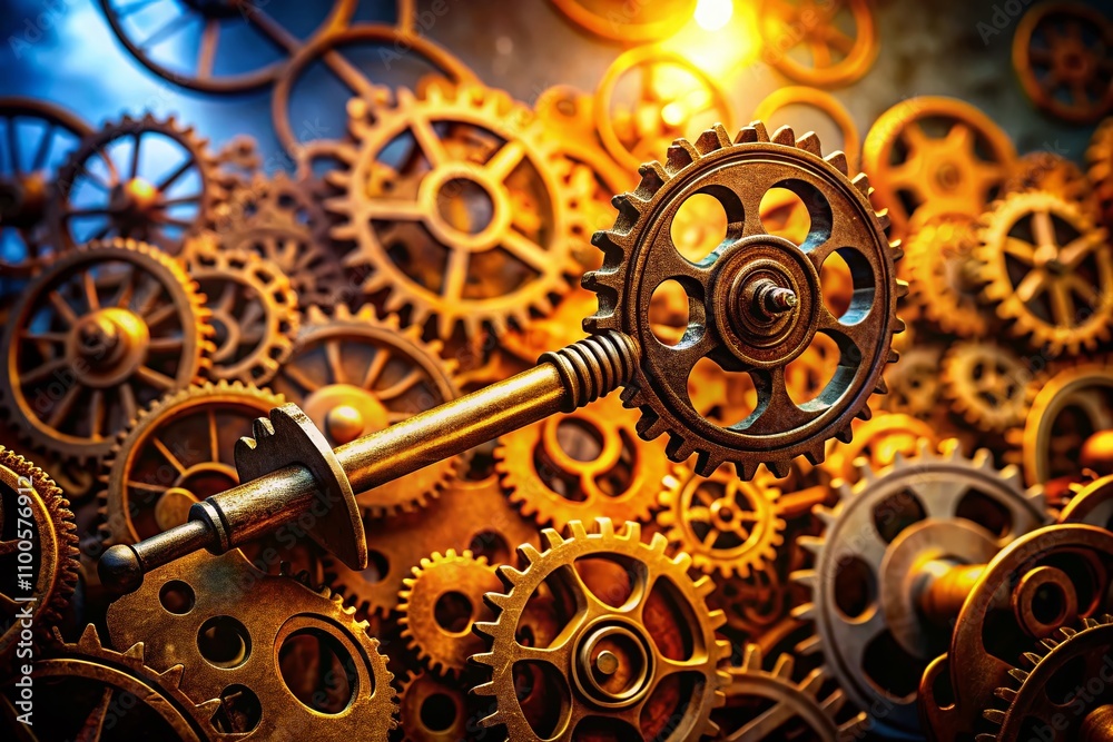 Obraz premium A Mysterious Steampunk Key Surrounded by Intricate Brass Gears and Cogs in a Fantastical Mechanical World, Invoking Adventure and Curiosity in Silhouette Photography
