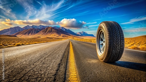 Wallpaper Mural A New Tire on the Side of an Empty Desert Road with Majestic Mountains in the Background, Capturing the Essence of Adventure and Freedom in Nature's Vast Landscape Torontodigital.ca