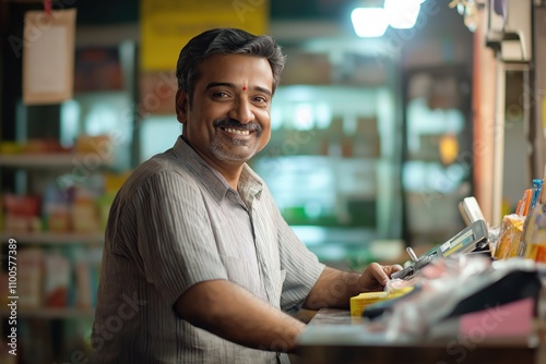 Indian man owner of small grocery shop smiles happily at camera sitting at cash register. Wearing light gray striped shirt. Daily business life in store. Happy, pro shop owner. Indian male grocer at photo