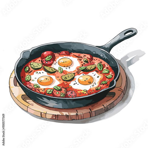 Watercolor Shakshuka in Cast Iron Skillet