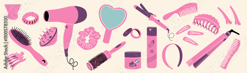 Pink hair accessories and tools. Hair care and beauty.