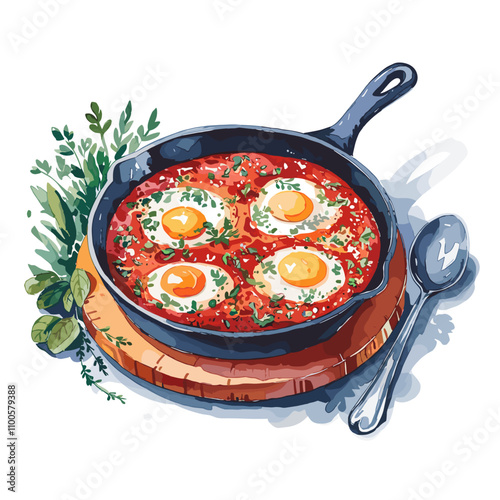 Watercolor Shakshuka in Cast Iron Skillet