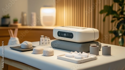 Ergonomic magnetic therapy machine and accessories neatly displayed on a therapy table, emphasizing sleek design, control panel details, and a professional clinical environment.