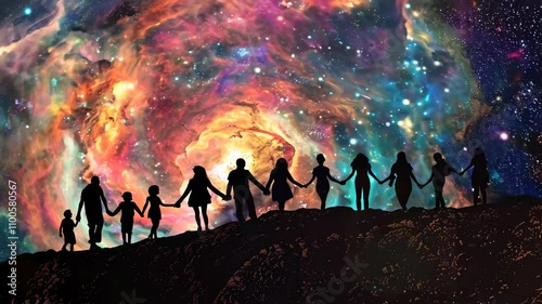Silhouetted figures holding hands against a vibrant cosmic background