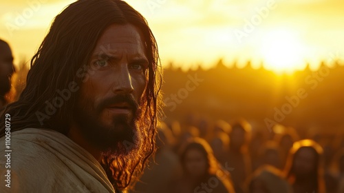 Jesus Christ, with a long beard and flowing hair, gazes intently into the distance as the sun sets behind a crowd of people. photo