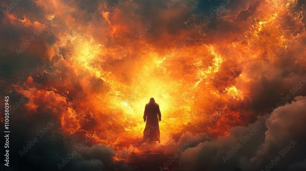 Obraz premium Judgment Day. Angry God stands against the backdrop of blazing fiery sky.