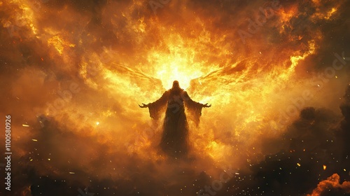 Judgment Day. Angry God stands against the backdrop of blazing fiery sky. photo