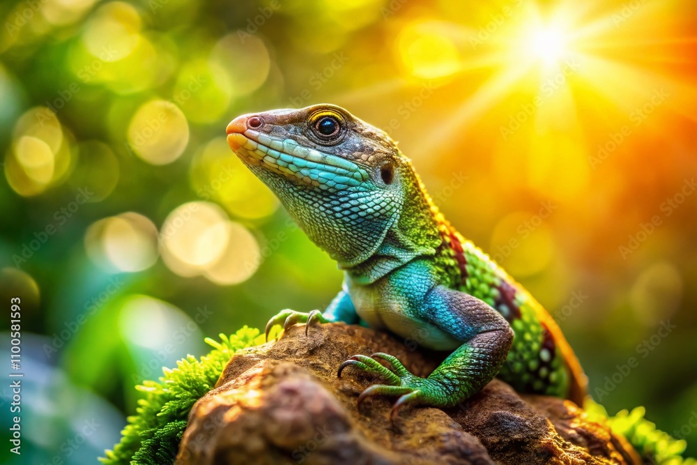 Fototapeta premium A Serene Lizard Resting on a Sunlit Rock, Captured Using the Rule of Thirds, Showcasing Nature's Beauty and Intricacies in a Tranquil Outdoor Setting