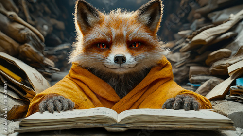 A fox character in an orange robe sits at a desk, reading a book among tall stacks of ancient books and scrolls in a warm library