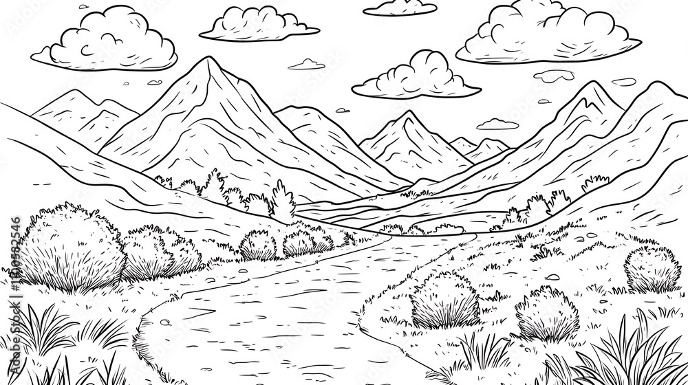 Naklejka premium A delightful kids’ coloring page with a simple hand-drawn doodle-style landscape of mountains, fluffy clouds, fields, bushes, and a road; cartoon vector design perfect for children