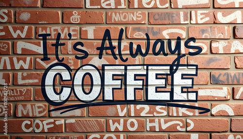 Text sign showing It S Always Coffee. Conceptual photo drinking caffeine is life work home having bad habits Brick Wall art like Graffiti motivational call written on the wall isolated with white hi photo