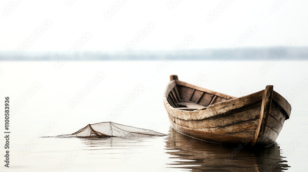 Old wooden fishing boat on calm water with fishing net, white isolated background. Old wooden fishing boat on calm water with fishing net, white isolated background.