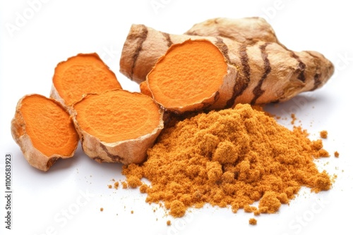 Close up of Turmeric or Curcuma longa with powder isolated on white background, Asian organic Herb and spice concept, Natural organic healthy plant photo