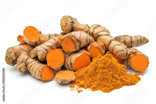 Close up of Turmeric or Curcuma longa with powder isolated on white background, Asian organic Herb and spice concept, Natural organic healthy plant photo