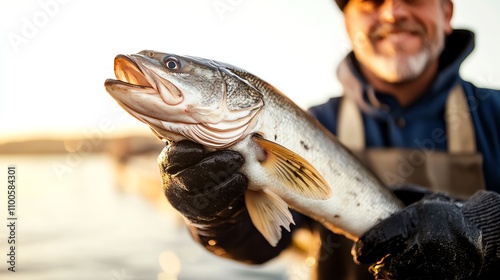 Man proudly holding a freshly caught fish at sunset near the water. photo