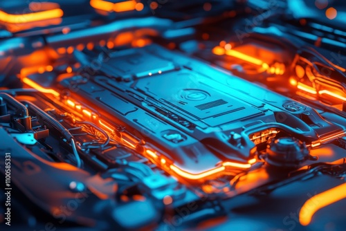 electric car lithium battery pack is illustrated with power connections, showcasing the core of modern automotive technology in a vibrant blue tone