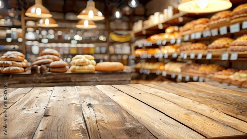 Rustic wooden table with bakery background showcasing fresh bread