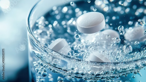 Realistic effervescent pill with fizzy bubbles in water. Soluble tablet dissolving with sparkling fizzy bubbles photo