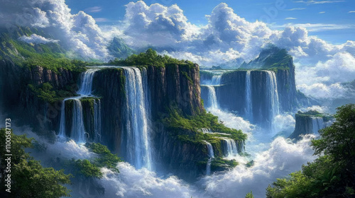 Waterfalls flow from towering cliffs into misty valleys, with vibrant greenery thriving along the rocky edges, creating a stunning natural landscape